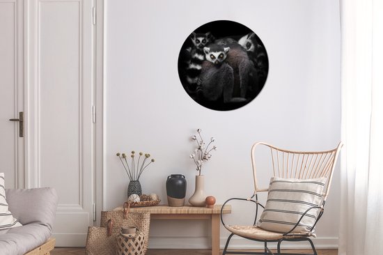 Papier peint cercle - Papier peint autocollant - Maki - Animaux - Sauvage - Zwart et blanc - 80x80 cm - Papier peint cercle - Papier peint rond - Décoration murale ronde - Salon