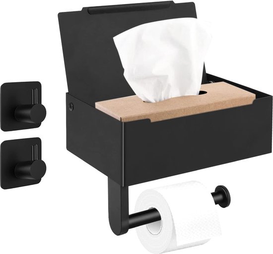 Toiletpapierhouder, GUIGUZI 3 In 1 Zwart Toiletrolhouder Met Vochtige Doekjesbox Zonder Boren Zelfklevende Toiletrolhouder Wandmontage Papierhouder Voor Keuken En Badkamer