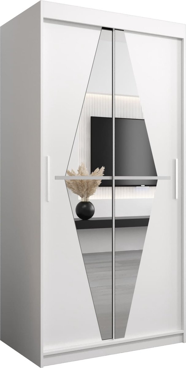 InspireME Kledingkast met 2 schuifdeuren, Modern-stijl, Een kledingkast met planken en een spiegel (BxHxD): 100x200x62 - BOLA 100 Wit Mat