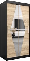 InspireMe - Kledingkast met 2 schuifdeuren, Modern-stijl, Een kledingkast met planken en een spiegel (BxHxD): 100x200x62 - BOLA 100 Zwart Mat + Sonoma Eik
