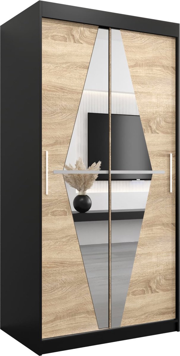 InspireME Kledingkast met 2 schuifdeuren, Modern-stijl, Een kledingkast met planken en een spiegel (BxHxD): 100x200x62 - BOLA 100 Zwart Mat + Sonoma Eik