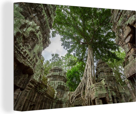 Canvas Schilderij Overwoekerde Ta Prohm tempel in Cambodia - 90x60 cm - Wanddecoratie