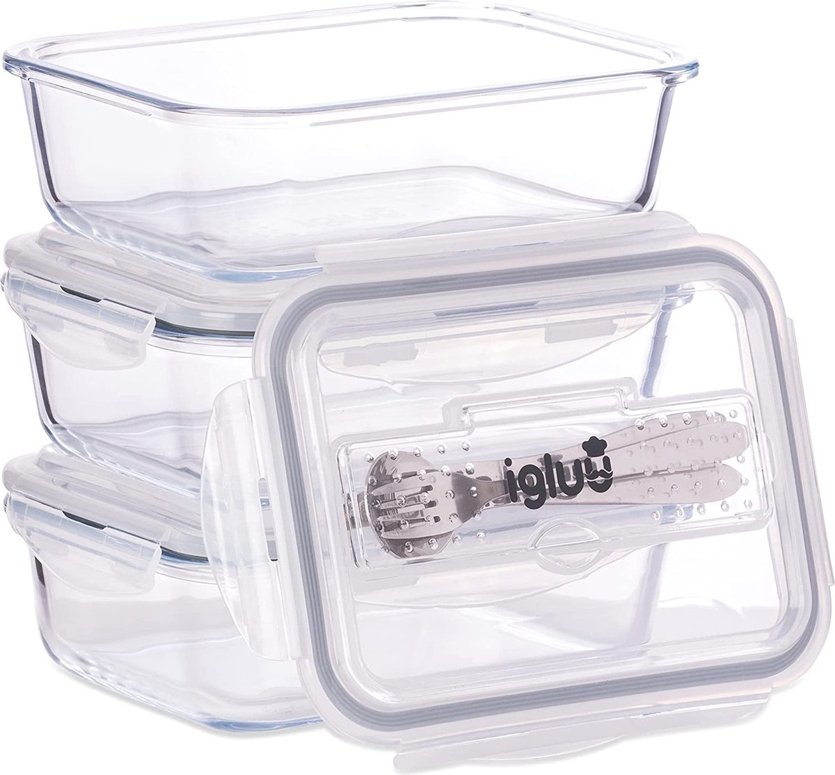 Igluu Meal Prep - Glazen containers met bestekdeksel - Luchtdichte portiecontrole Voedselopslag BPA-vrij - Magnetron, Oven & Vaatwasserbestendig 1050ml (3 pak)