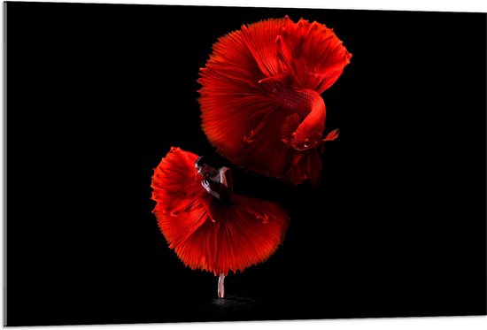 WallClassics - Acrylglas - Danser met Rode Jurk en Vis - 105x70 cm Foto op Acrylglas (Met Ophangsysteem)