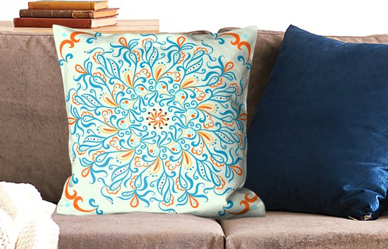 Coussins Coussins décoratifs - Coussin - Motif carré avec un mandala bleu et décoré sur fond clair - 60x60 cm - Coussin en coton