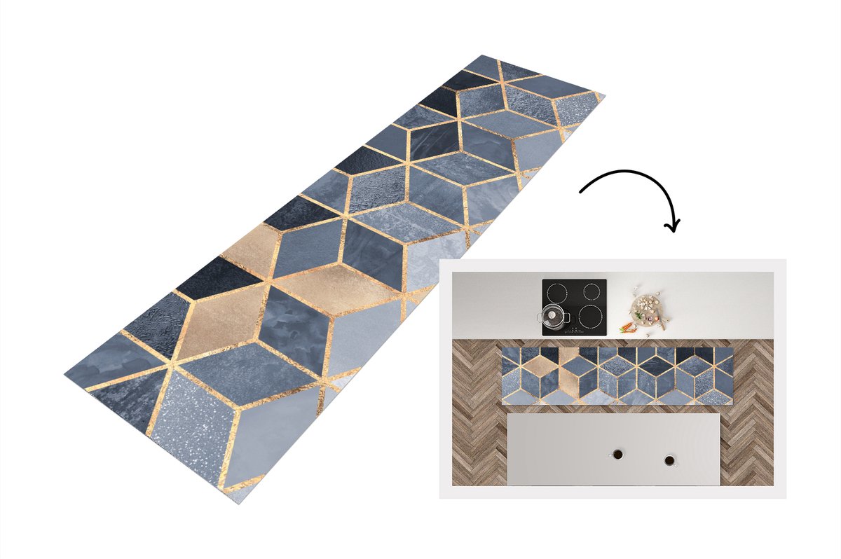 KitchenYeah Keukenloper - Loper keuken - Kubus - Goud - Luxe - Patronen - 240x60 cm - Keukenloper vinyl Multicolor