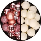 Kerstballen 36x stuks - 3 en 4 cm - roze en wol wit - kunststof