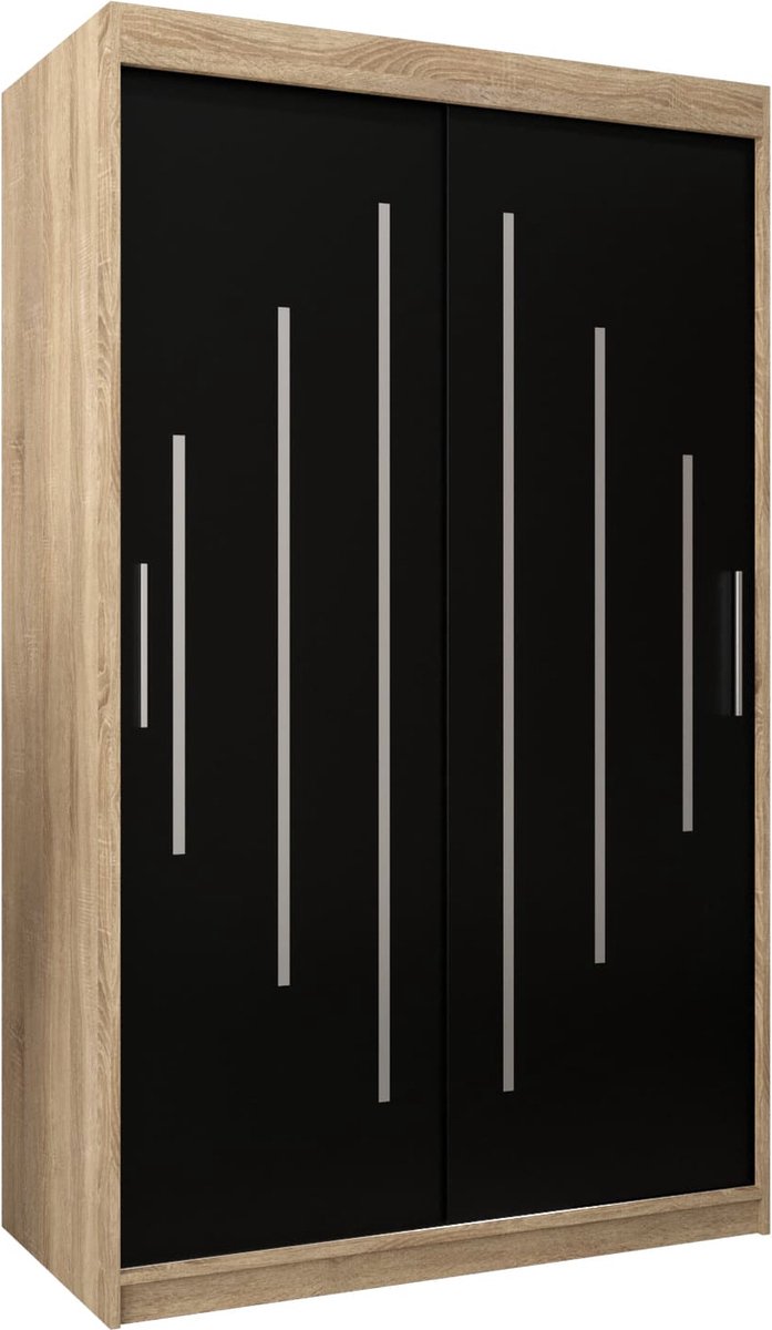 InspireMe - Kledingkast met 2 schuifdeuren, Modern-stijl, Een kledingkast met planken (BxHxD): 120x200x62 - MALTESE 120 Sonoma Eik + Zwart Mat met 2 lades