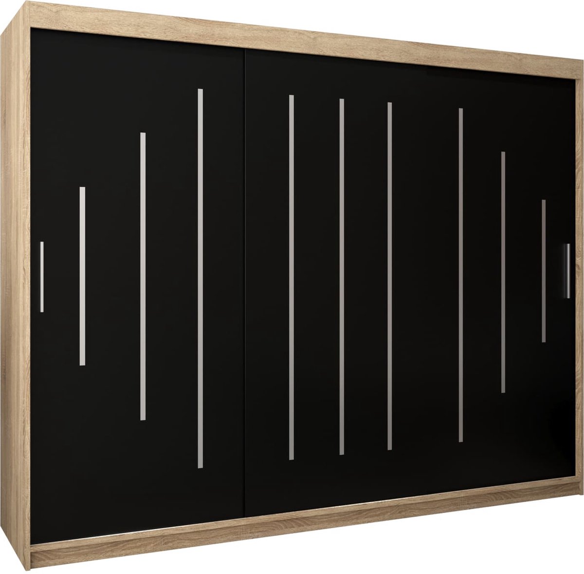InspireME Kledingkast met 3 schuifdeuren, Modern-stijl, Een kledingkast met planken (BxHxD): 250x200x62 - MALTESE 250 Sonoma Eik + Zwart Mat met 4 lades