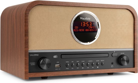 Audizio Salerno DAB radio met CD-speler in houten kast, stoffen voorkant en rond display. Op een witte achtergrond.