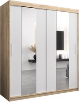 InspireMe - Kledingkast met 2 schuifdeuren, Modern-stijl, Een kledingkast met planken en een spiegel (BxHxD): 180x200x62 - DANCE 180 Sonoma Eik + Wit Mat met 4 lades