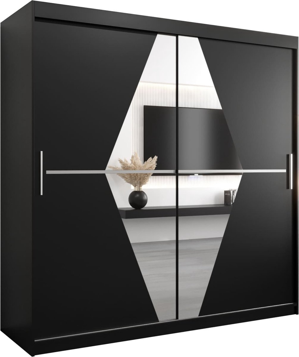 InspireME Kledingkast met 2 schuifdeuren, Modern-stijl, Een kledingkast met planken en een spiegel (BxHxD): 200x200x62 - BOLA 200 Zwart Mat met 4 lades