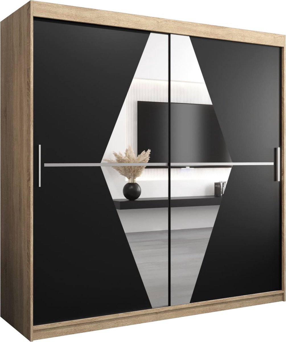 InspireME Kledingkast met 2 schuifdeuren, Modern-stijl, Een kledingkast met planken en een spiegel (BxHxD): 200x200x62 - BOLA 200 Sonoma Eik + Zwart Mat met 4 lades
