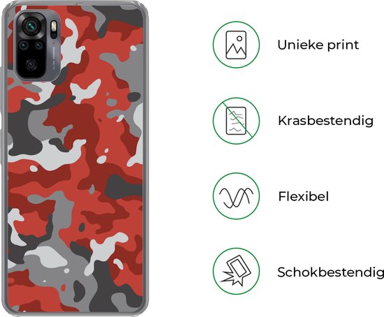 Coque Xiaomi Redmi Note 10 - Rouge avec Motif camouflage Gris - Coque de Téléphone en Siliconen