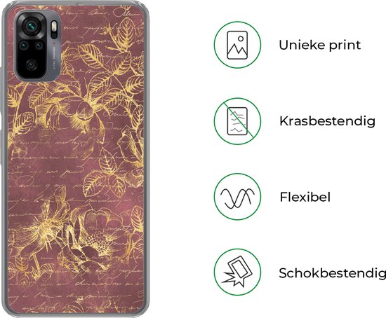 Coque Xiaomi Redmi Note 10S - Fleurs - Feuilles - Or - Coque de téléphone en Siliconen