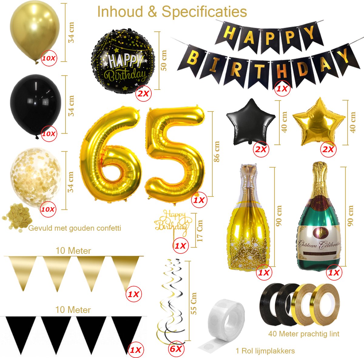 65 Jaar Feest Verjaardag Versiering Confetti Helium Ballonnen Slingers Happy Birthday Goud & Zwart Decoratie – 60 Stuks — afbeelding 2