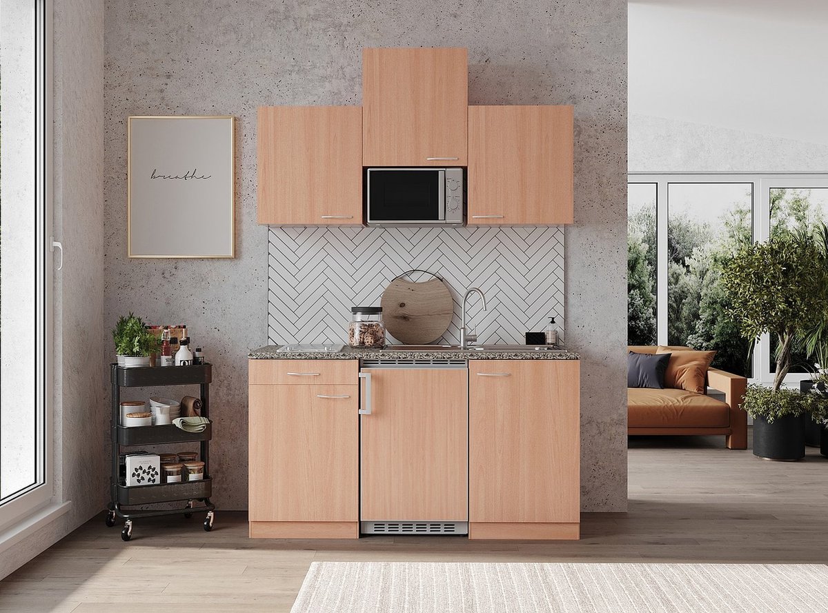 Goedkope keuken 150 cm - complete kleine keuken met apparatuur Gerda - Beuken/Beuken - keramische kookplaat - koelkast - magnetron - mini keuken - compacte keuken - keukenblok met apparatuur