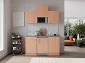 Goedkope keuken 150  cm - complete kleine keuken met apparatuur Gerda - Beuken/Beuken - keramische kookplaat  - koelkast        - magnetron - mini keuken - compacte keuken - keukenblok met apparatuur