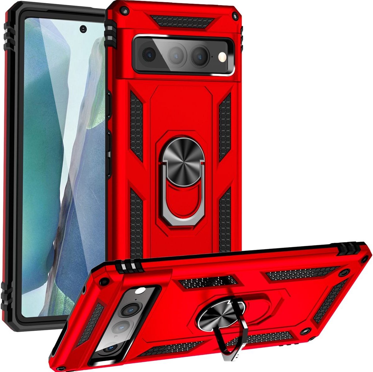 Mobigear Hoesje geschikt voor Google Pixel 7 Pro Telefoonhoesje Hardcase | Mobigear Armor Ring Backcover Shockproof met Ringhouder | Schokbestendig Pixel 7 Pro Telefoonhoesje | Anti Shock Proof - Rood