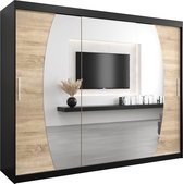 InspireMe - Kledingkast met 3 schuifdeuren, Modern-stijl, Een kledingkast met planken en een spiegel (BxHxD): 250x200x62 - GLOBE 250 Zwart Mat + Sonoma Eik mat 4 lades