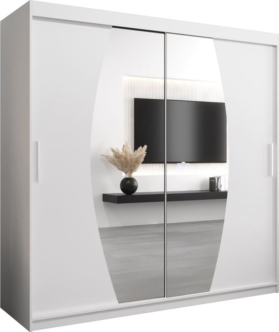 Witte kledingkast met 2 schuifdeuren, waarvan één spiegel, 200x200x62 cm.
