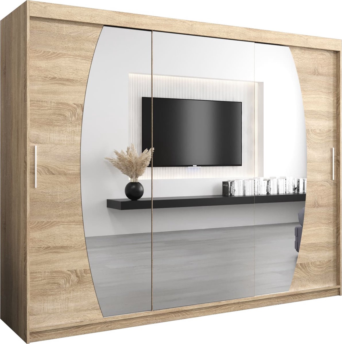 InspireME Kledingkast met 3 schuifdeuren, Modern-stijl, Een kledingkast met planken en een spiegel (BxHxD): 250x200x62 - GLOBE 250 Sonoma Eik mat 4 lades