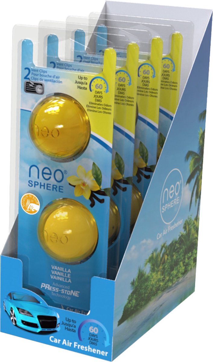 Neo-Sphere, Autoparfum – Vanilla/Geel – 4x duopack (8 stuks) – Luchtverfrisser voor het ventilatierooster van de auto – Compact autogeurtje 60 dagen fris