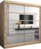 InspireMe - Kledingkast met 2 schuifdeuren, Modern-stijl, Een kledingkast met planken en een spiegel (BxHxD): 200x200x62 - VENEZIA II 200 Sonoma Eik