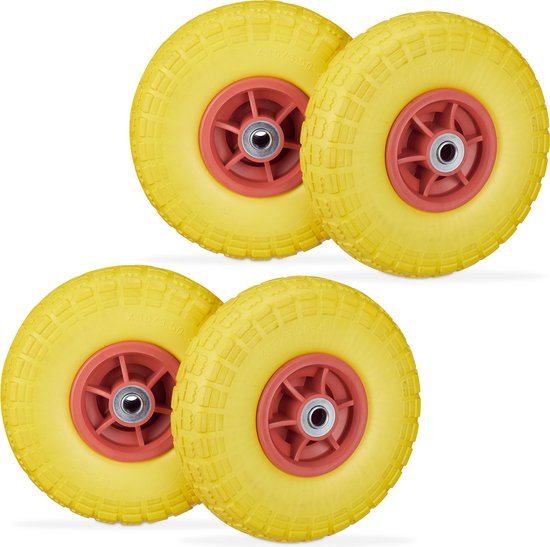 Relaxdays 4x roue de diable anti-crevaison - 4.1/3.5-4 - pneu caoutchouc - roue de secours jaune-rouge