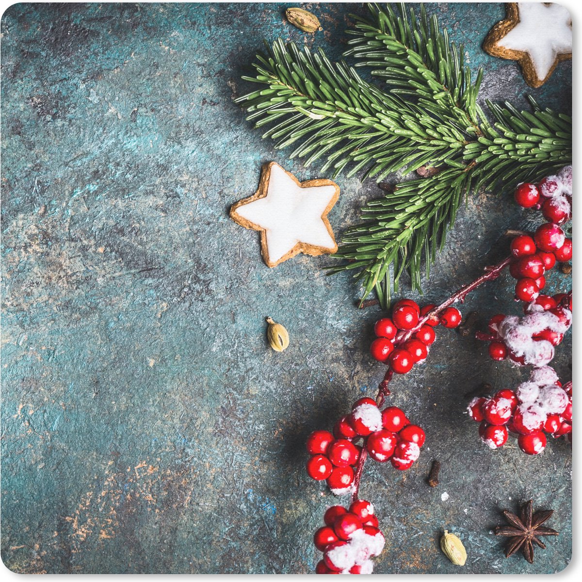 Muismat 20x20 cm - Mousepad Kerst - Rustiek - Takken - Steranijs - Bes - Rood - Muismatten