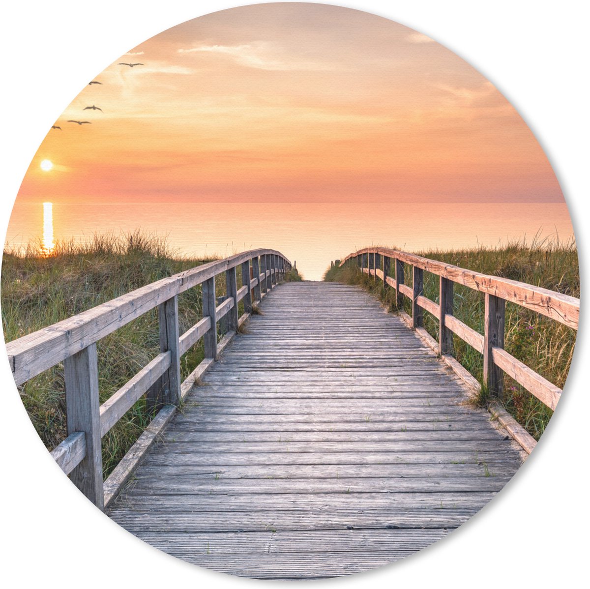 Muismat rond 30x30 cm - Mousepad Zonsonderang - Zee - Pad - Gras - Duin - Vogels - Ronde muismatten