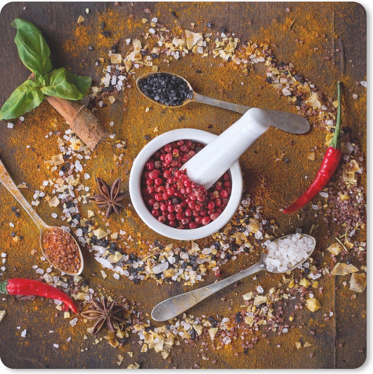 Muismat 30x30 cm - Mousepad Vijzel - Kruiden - Lepels - Specerijen - Bruin - Peper - Muismatten
