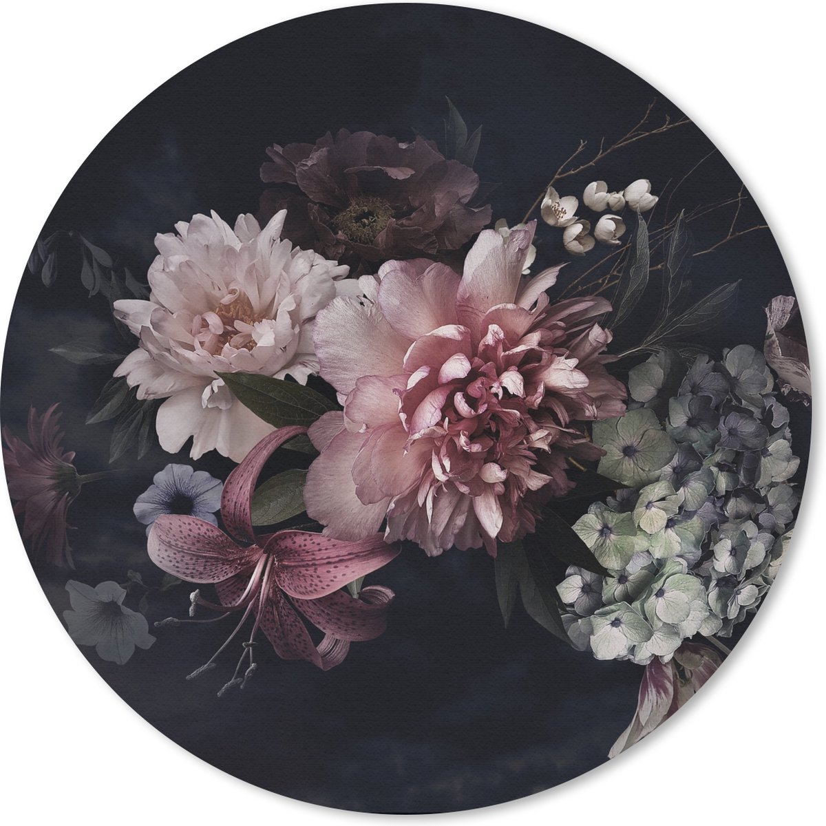 Muismat - Mousepad - Rond - Bloemen - Vintage - Pastel - Zwart - Boeket - 30x30 cm - Ronde muismat