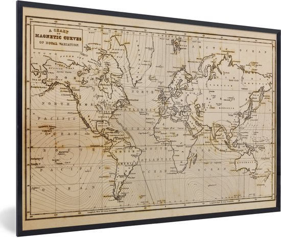 Affiche avec cadre Cartes du monde du Wereldkaart - Vintage - Cadre photo marron noir - Cadre photo noir - 90x60 cm - Affiche avec cadre