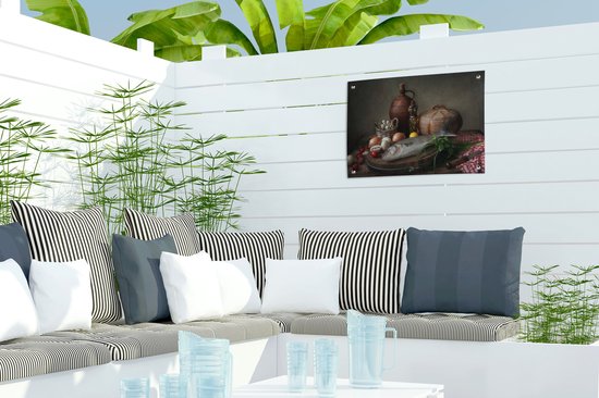 Décoration de Jardin Rustique - Poisson - Nature morte - Légumes - Herbes - 40x30 cm - Toile de jardin - Affiche extérieure