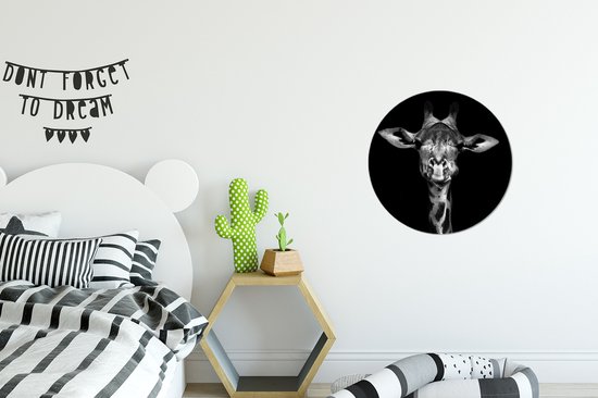 WallCircle - Wandcirkel - Muurcirkel - Giraffe - Portret - Dieren - Zwart - Wit - Aluminium - Dibond - ⌀ 30 cm - Binnen en Buiten