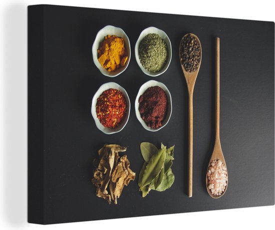 Toile Peinture Louche - Épices - Herbes - Vert - Marron - Rustique - 90x60 cm - Décoration murale