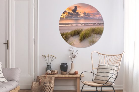 WallCircle - Cercle Mural - Cercle Mural - Coucher de Soleil - Dune - Plage - Plantes - Mer - Aluminium - Dibond - 120x120 cm - Intérieur et Extérieur XXL