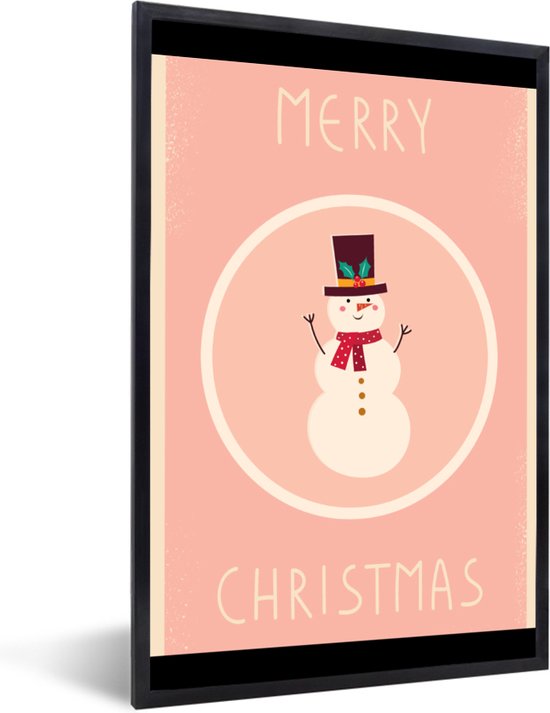 Fotolijst incl. Poster - Sneeuwpop - Quotes - Kerst - Merry christmas - Roze - Winter - 20x30 cm - Posterlijst - Kerstmis Decoratie - Kerstversiering - Kerstdecoratie Woonkamer