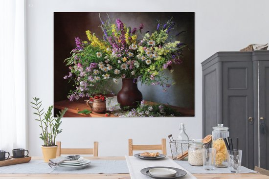 Toile Peinture Fleurs - Tableau - Nature Morte - Bouquet - Vase - 160x120 cm - Décoration murale XXL