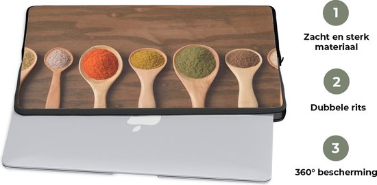 Laptophoes 15.6 inch - Pollepel - Kruiden - Eten - Specerijen - Tafel - Laptop sleeve - Binnenmaat 39,5x29,5 cm - Zwarte achterkant