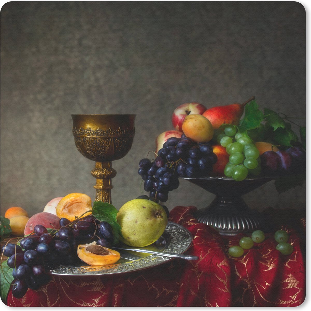 Muismat 20x20 cm - Mousepad Rustiek - Tafel - Fruit - Stilleven - Beker - Muismatten