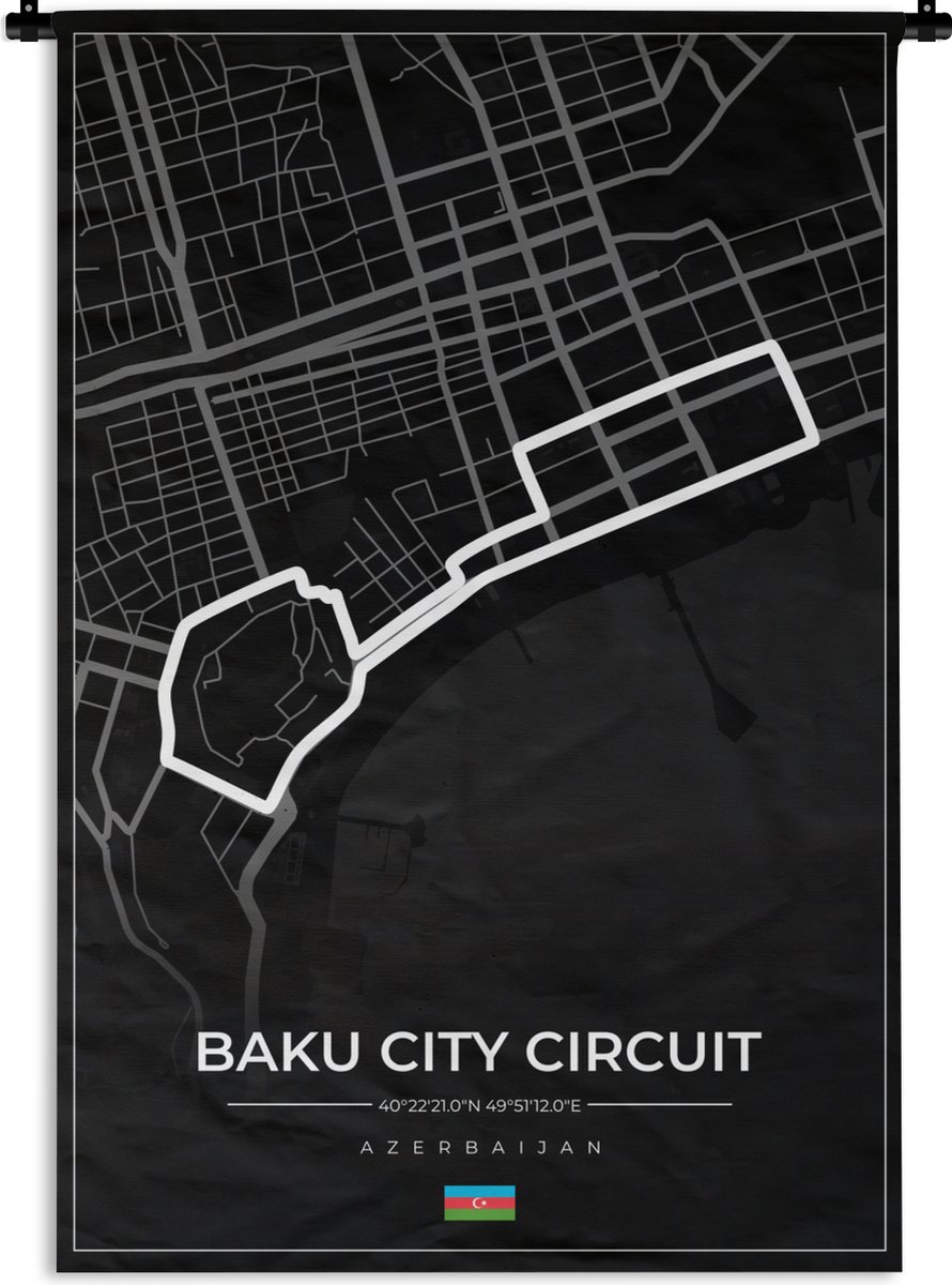 Wandkleed - Wanddoek - Racebaan - Circuit - F1 - Baku City Circuit - Azerbeidzjan - Zwart - 90x135 cm - Wandtapijt