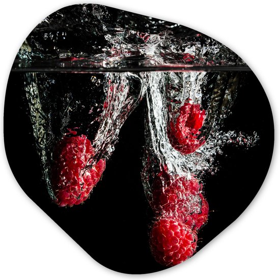 Organische Wanddecoratie - Kunststof Muurdecoratie- Organisch Schilderij - Frambozen - Fruit - Stilleven - Water - Zwart - Rood- 40x40 cm - Asymmetrische spiegel vorm op kunststof
