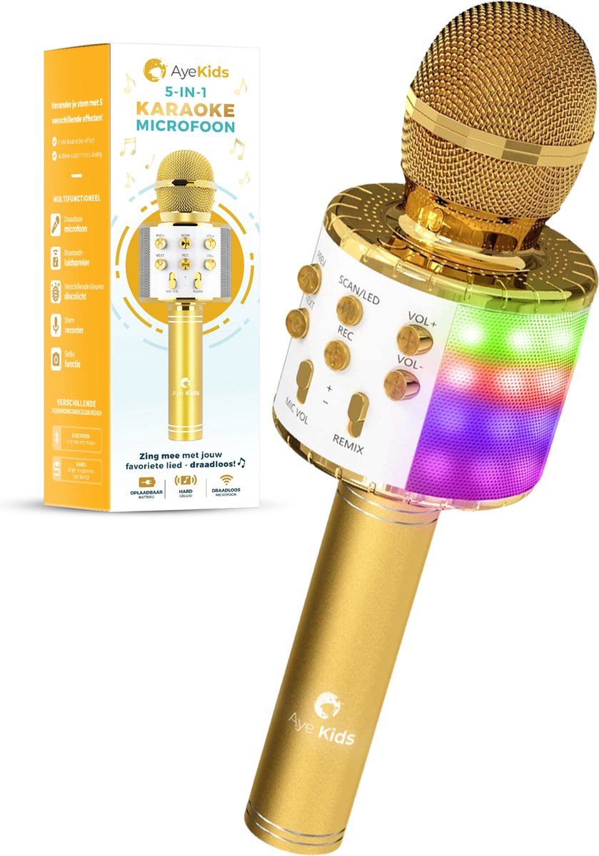 AyeKids 5-in-1 Karaoke Microfoon - Draadloos & Bluetooth – Ingebouwde Speaker & Disco Lichten – Incl. AUX-kabel - Microfoon Kinderen - Karaoke Set - Goud - AyeKids