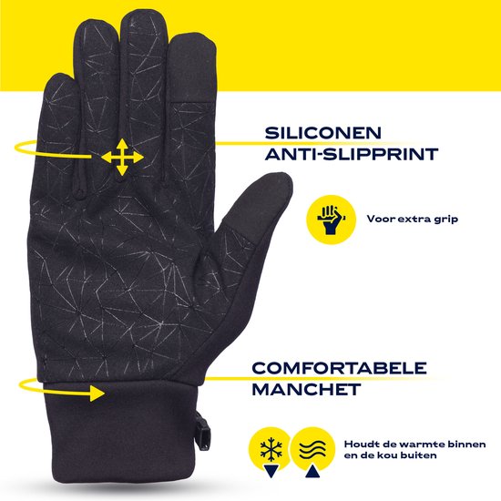 Zwarte softshell handschoen met siliconen anti-slipprint voor extra grip en comfortabele manchet.