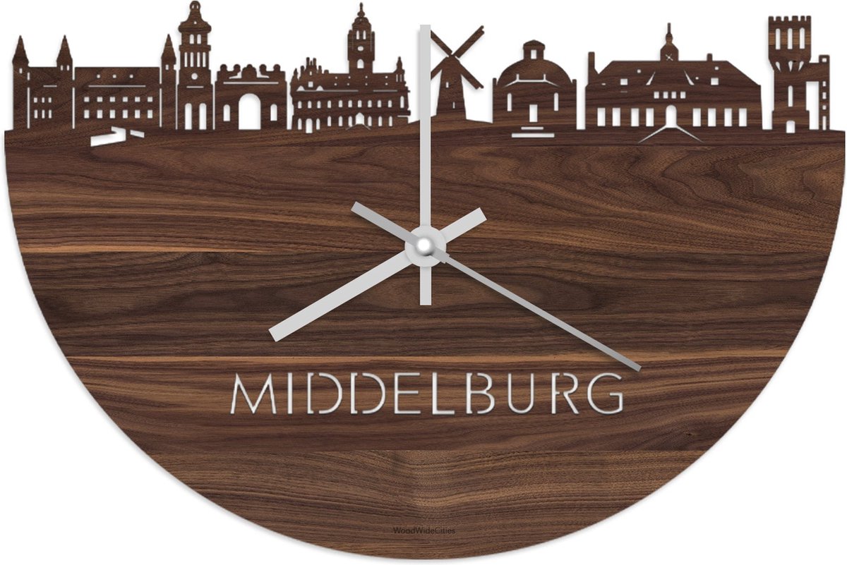 Skyline Klok Middelburg Notenhout - Ø 40 cm - Stil uurwerk - Wanddecoratie - Meer steden beschikbaar - Woonkamer idee - Woondecoratie - City Art - Steden kunst - Cadeau voor hem - Cadeau voor haar - Jubileum - Trouwerij - Housewarming -