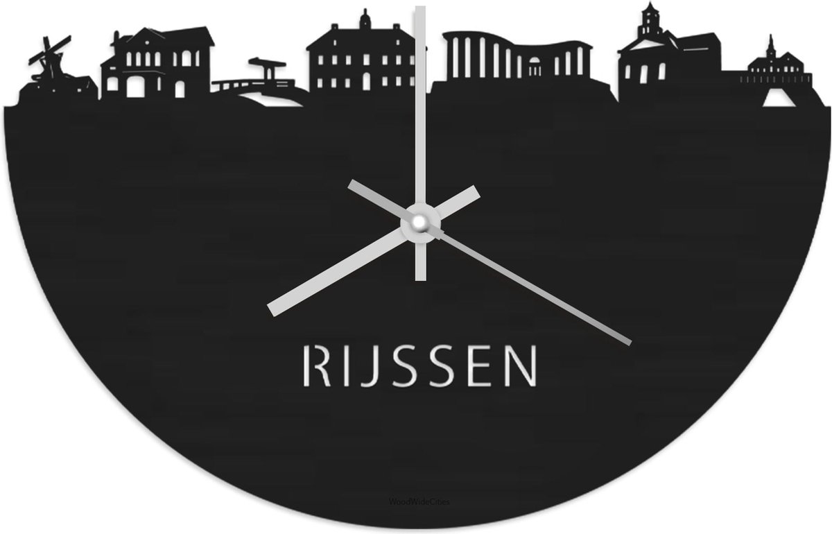 Skyline Klok Rijssen Zwart hout - Ø 40 cm - Stil uurwerk - Wanddecoratie - Meer steden beschikbaar - Woonkamer idee - Woondecoratie - City Art - Steden kunst - Cadeau voor hem - Cadeau voor haar - Jubileum - Trouwerij - Housewarming - WoodWideCities