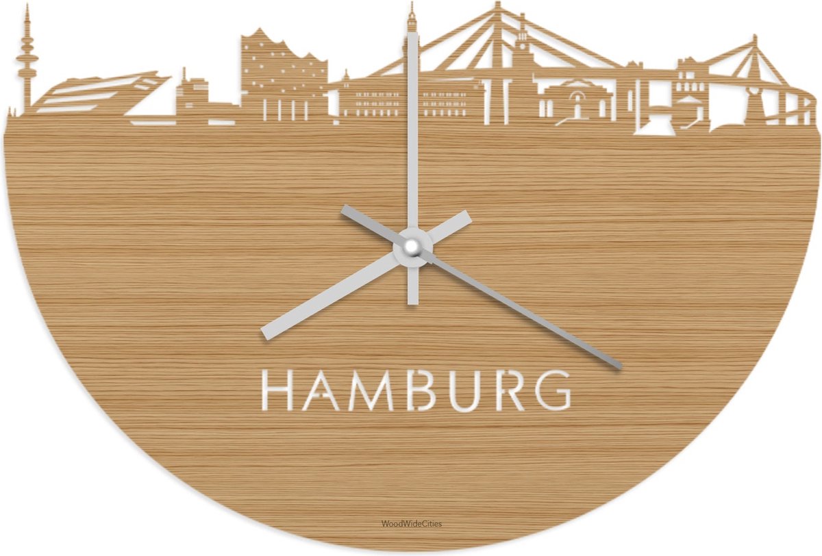 Skyline Klok Hamburg Bamboe hout - Ø 40 cm - Stil uurwerk - Wanddecoratie - Meer steden beschikbaar - Woonkamer idee - Woondecoratie - City Art - Steden kunst - Cadeau voor hem - Cadeau voor haar - Jubileum - Trouwerij - Housewarming - WoodWideCities