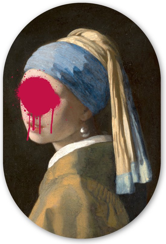 Muurovaal - Kunststof Wanddecoratie - Ovalen Schilderij - Meisje met de parel - Johannes Vermeer - Roze - 60x90 cm - Ovale spiegel vorm op kunststof